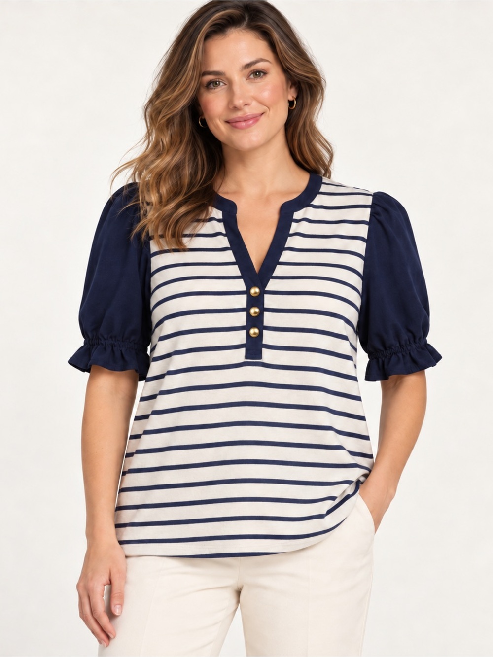 Veronica Beard Raegan Puff-Sleeve Top White & Navy Striped Knit Top MED